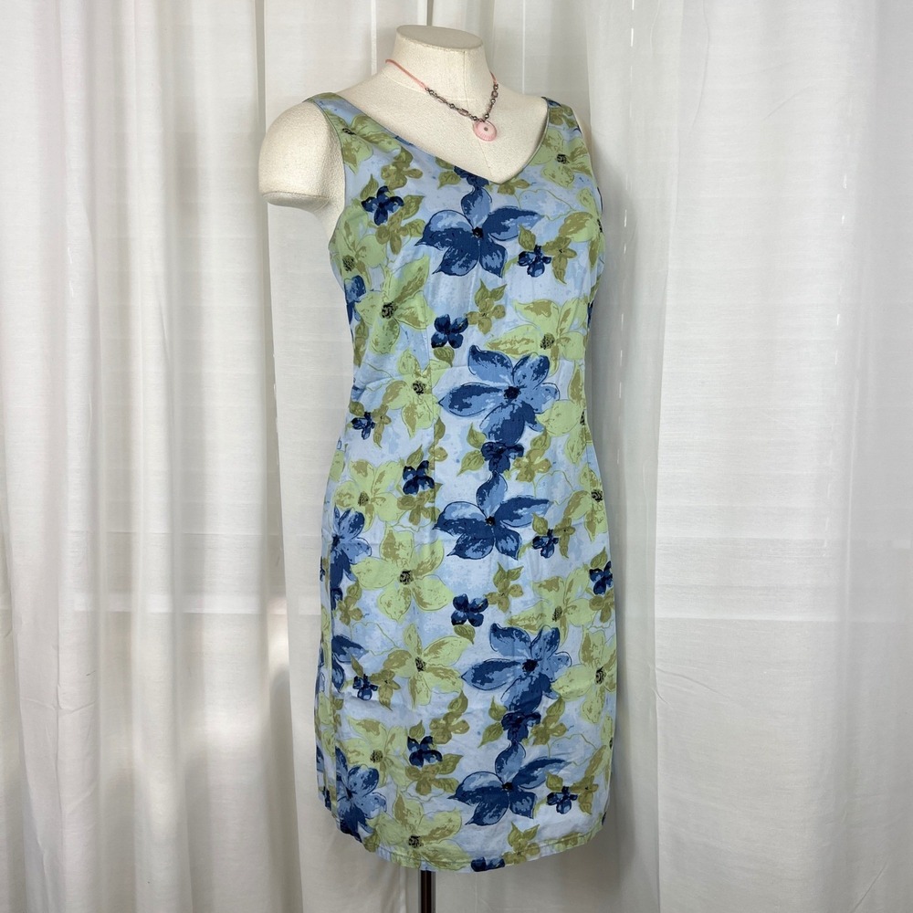 Vintage Y2K Faded Glory Tank Dress Green Blue Floral  Picnic French Country Sz S